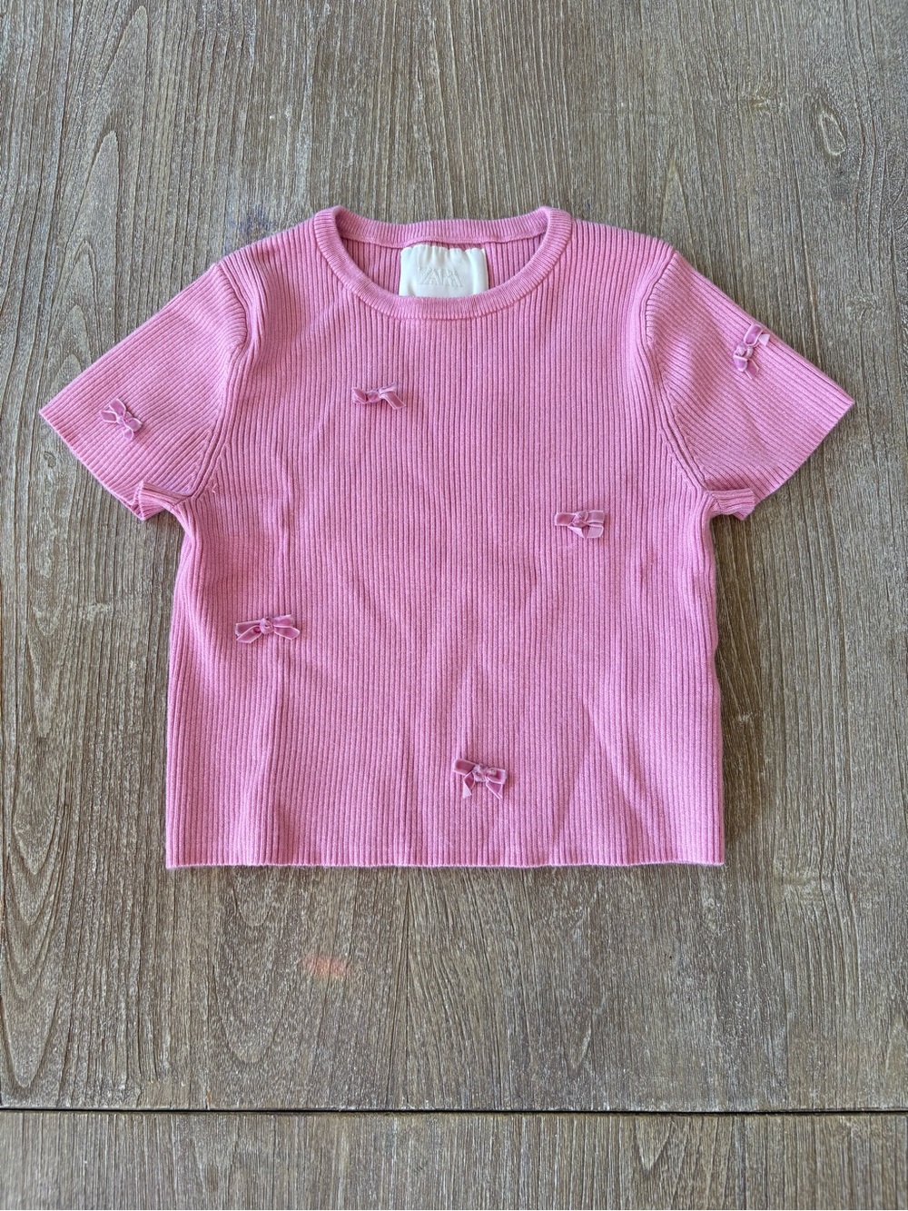 Zara Kids Pink Ribbed Tee with Bow Accents